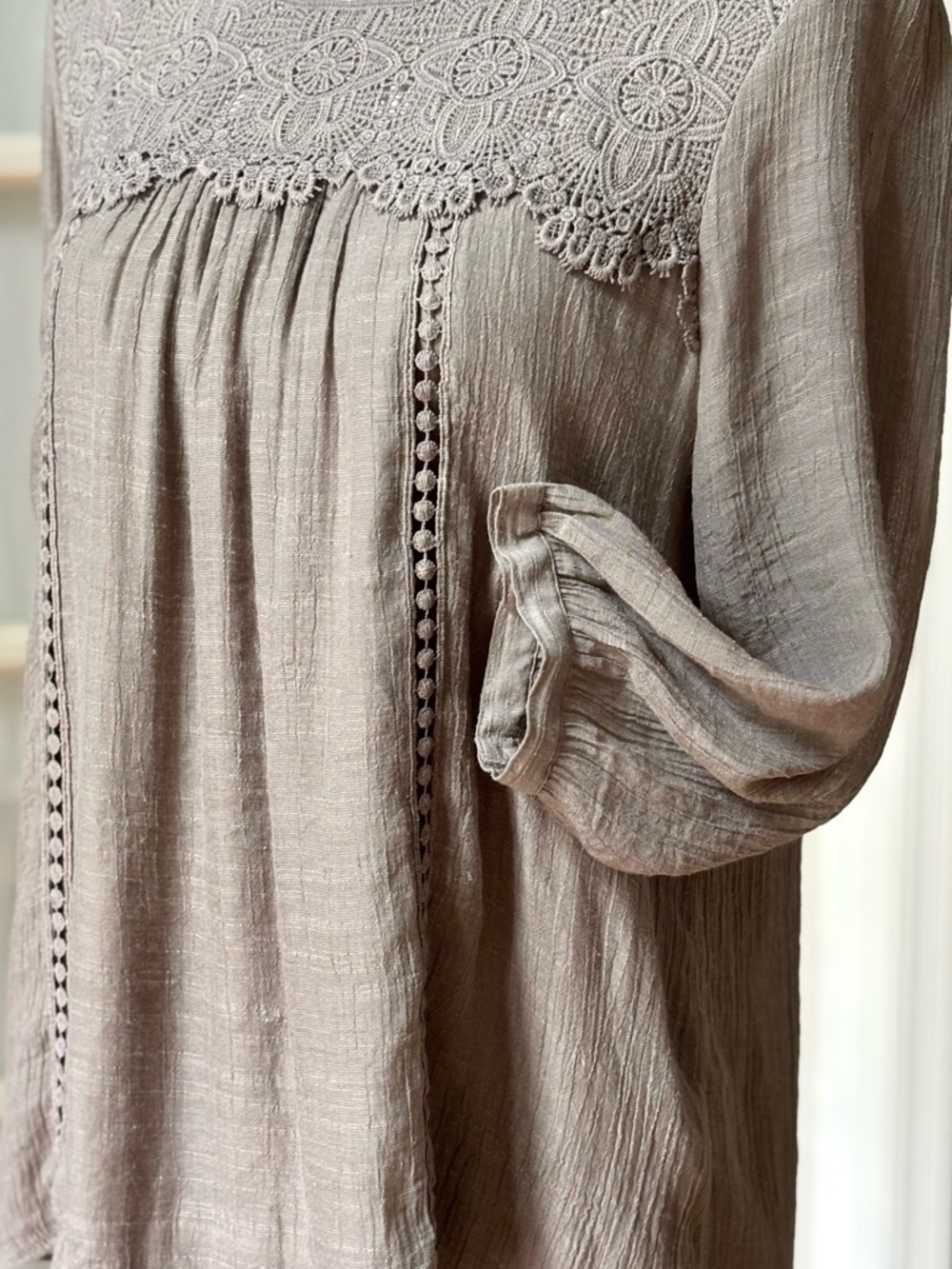 Boho Crochet Lace Yoke Blouse Taupe Flowy Peasant Top Medium - Picture 3 of 8